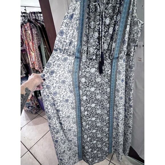 Studio One New York Blue White Floral Maxi Dress Sz 14w NWT Tassel Tie - Picture 3 of 8